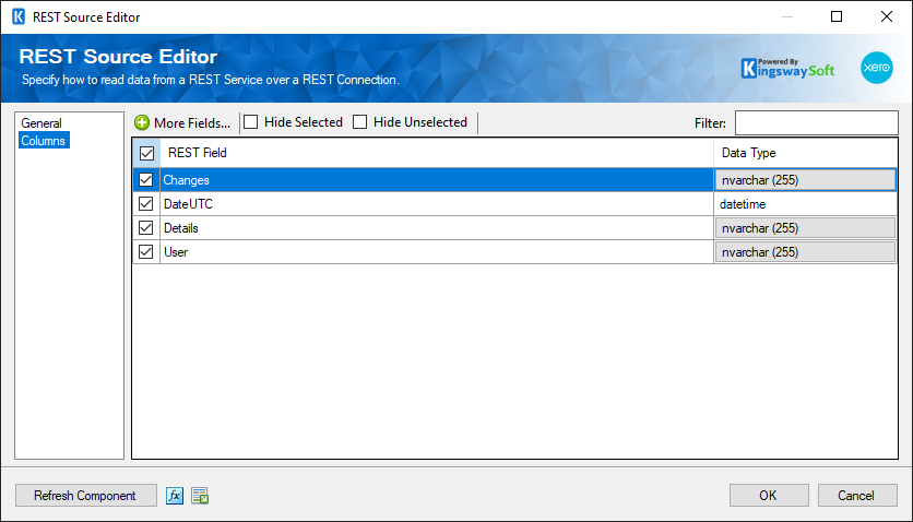 SSIS Xero REST Source - Columns